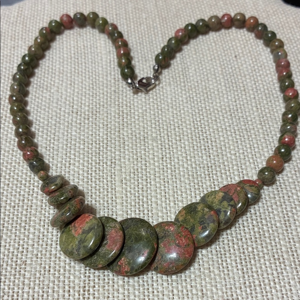 Hand crafted Green and Red Unakite gemstone Beaded Necklace